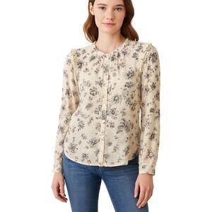 EXPRESS Floral Blouse Long Sleeve Printed Smocked Ruffle Shoulder Shirt- M‎